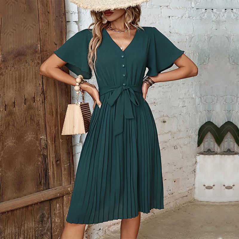 2025 summer new temperament women's pleated French retro dress