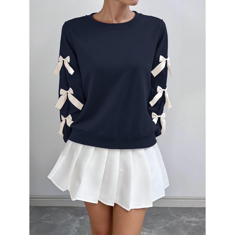 Damskie Jesienno-Zimowe Słodkie Bluzki z Okrągłym Dekoltem i Długim Rękawem, Ozdobione Kokardą, Czerwone Świąteczne Bluzy Top