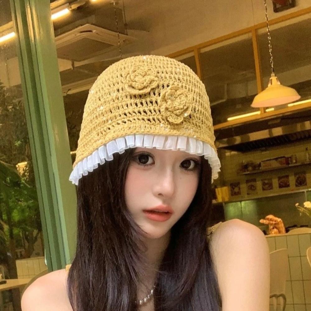 Hollow Out Lace Beanies Hat Glitter Sequin Knitted Hat Cute Crochet Flower Hat  Apparel Accessories