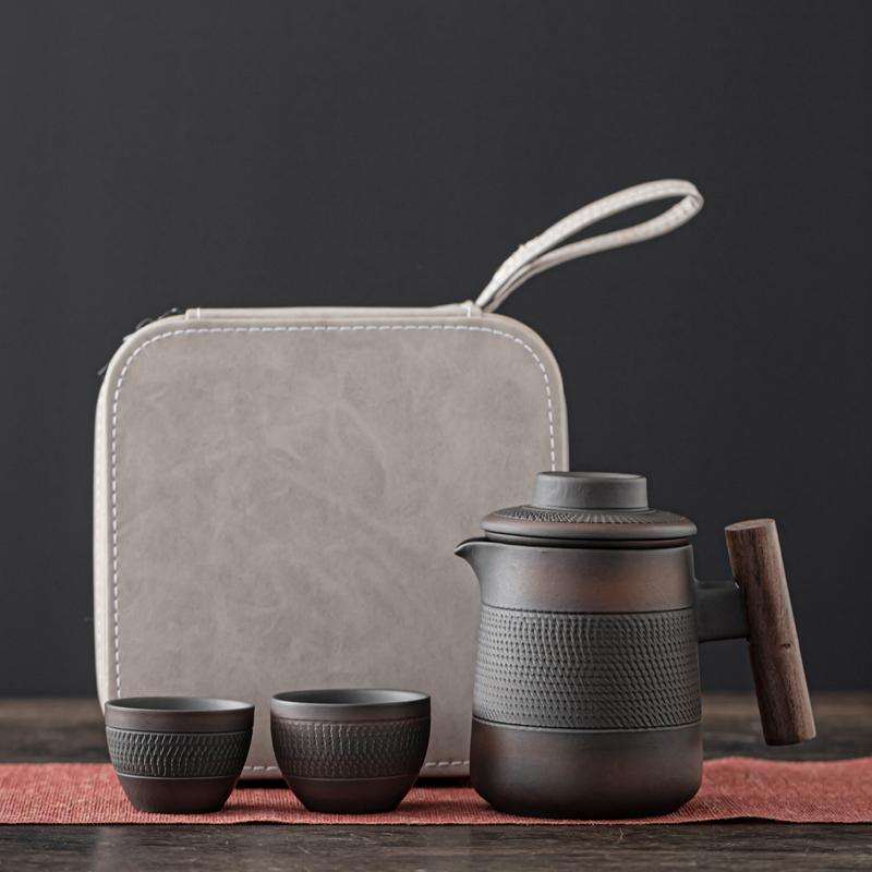 High-end Purple Pottery RetroTea Set Outdoor Travel Tea Set Portable Kungfu Tea Set Teapot Small Package Birthday Gift