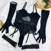 Sexy One-piece Underwear, Fun, Ultra-thin Mesh Straps, Splicing Leg Rings, Gloves, Bra Four-piece Set