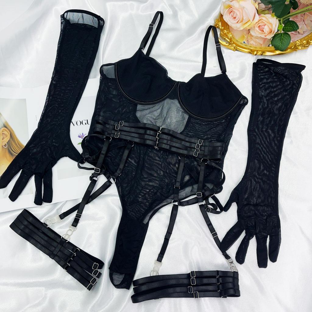 Sexy One-piece Underwear, Fun, Ultra-thin Mesh Straps, Splicing Leg Rings, Gloves, Bra Four-piece Set
