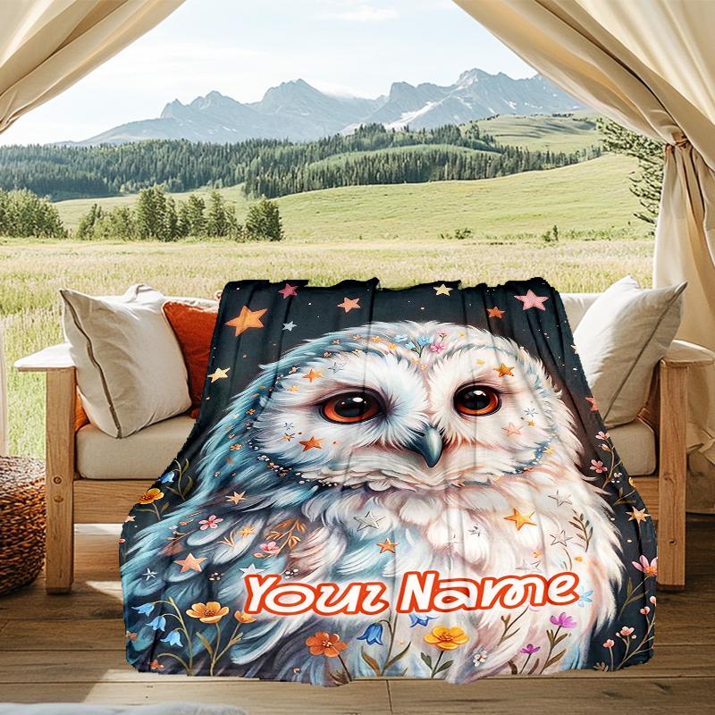 1PC Custom Name Starry Night Owl Art flannel blanket versatile,all-season throw suitable for the living room,bedroom,camping,travel,and gift