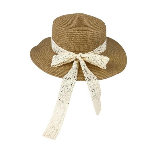 Sun Hat Lace Bow Decor Flat Top Wide Brim Straw Hat Hand-Woven Sunproof Windproof Summer Beach Picnic Basin Hat