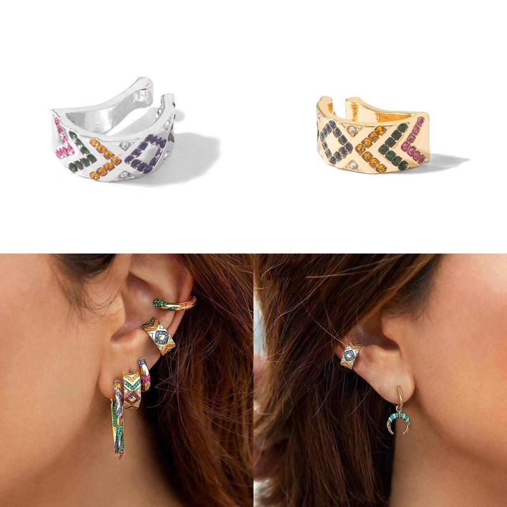 Womens Alloy Stylish Ear Clips With Colorful Rhinestones Design Ushaped