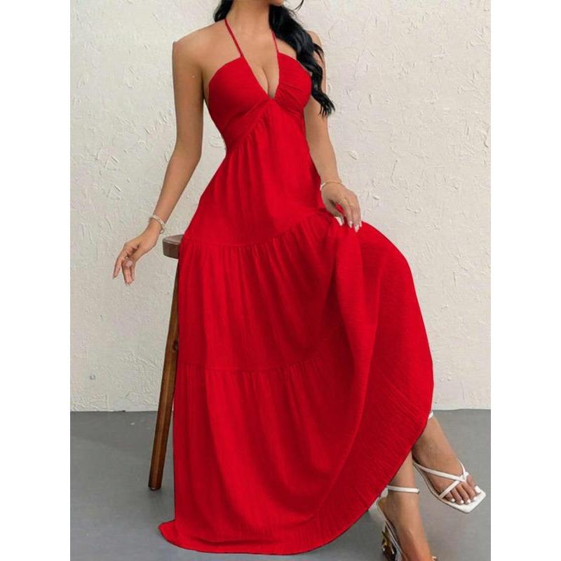 Amazon eaby European and American summer new hot-selling women's neck dress suspender strap holiday skirt