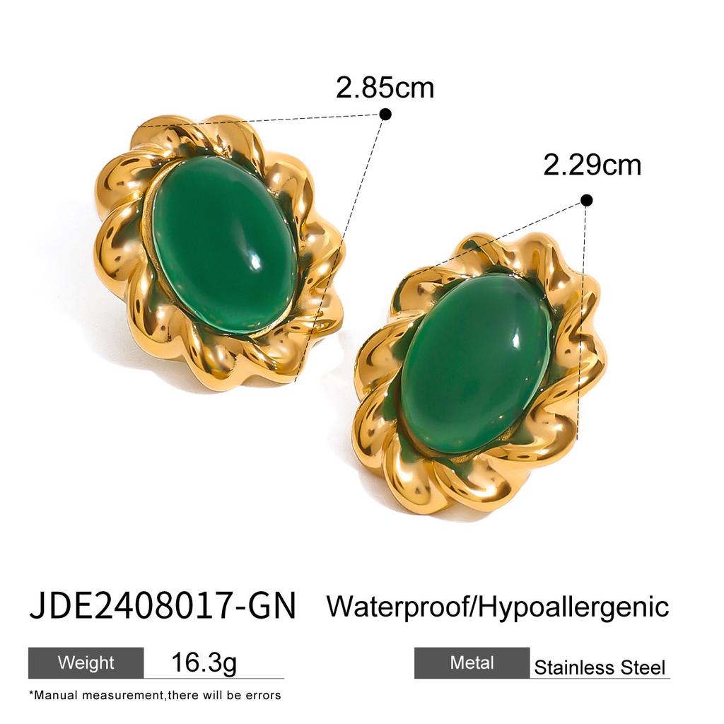 Stainless steel retro heavy industry gem earrings European and American inlaid agate pendant niche twist weaving