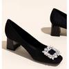 High heels temperament soft leather mother shoes 2025 new professional single shoes rhinestone square head black French light mouth single shoes