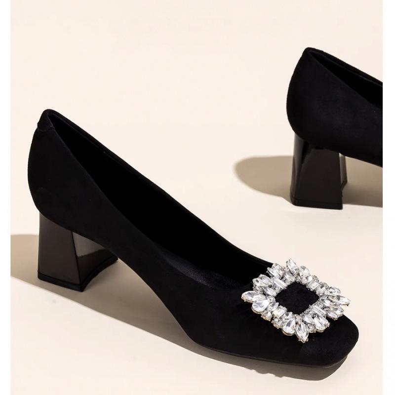 High heels temperament soft leather mother shoes 2025 new professional single shoes rhinestone square head black French light mouth single shoes