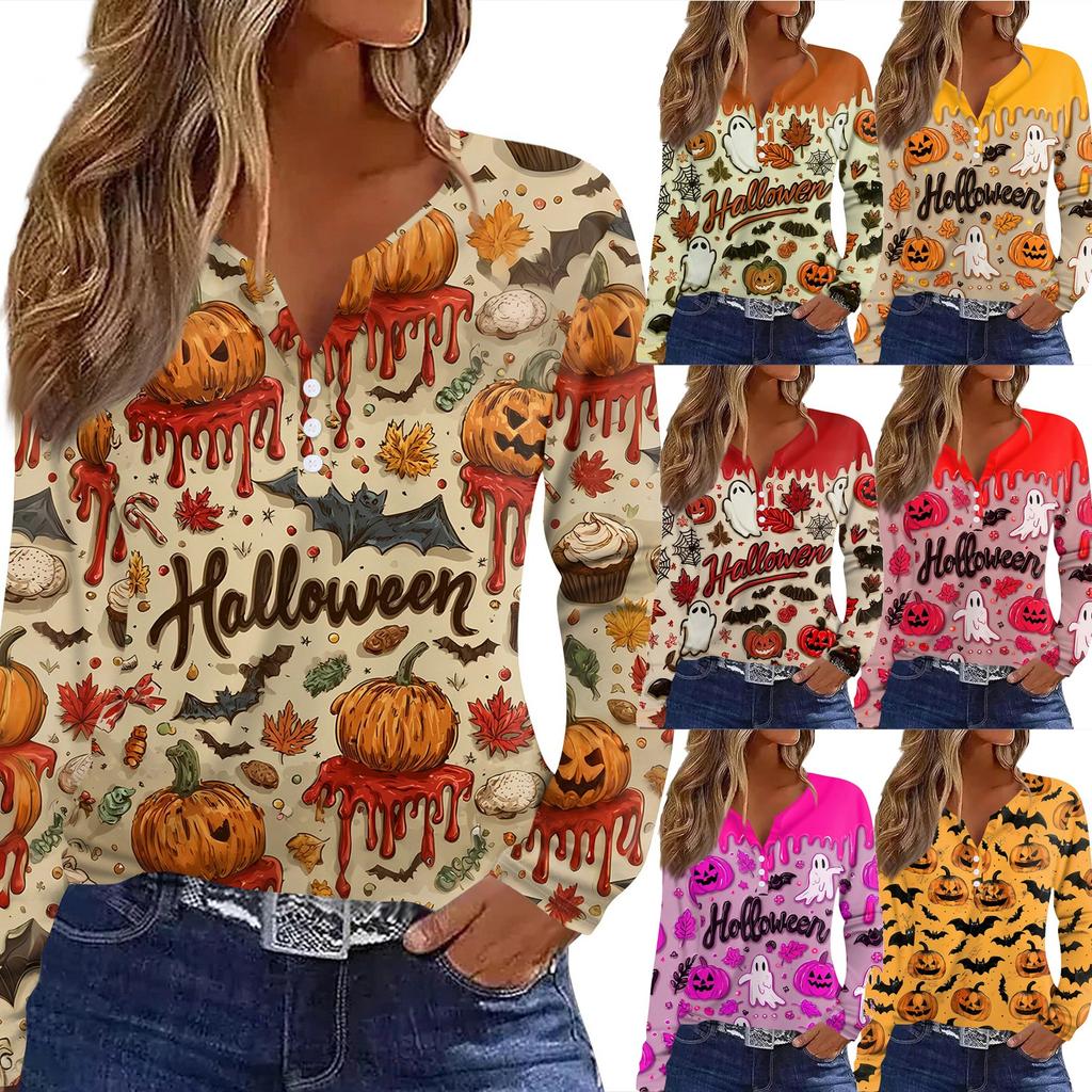 Dámské tričko s potiskem Halloweenu, knoflíky, dlouhý rukáv, denní, víkendová móda, základní, výstřih do V, běžný top