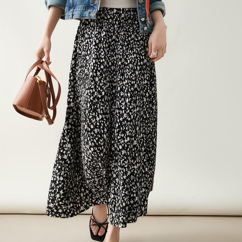 French Floral High-End Black Midi Skirt - Spring/Summer Vacation Style