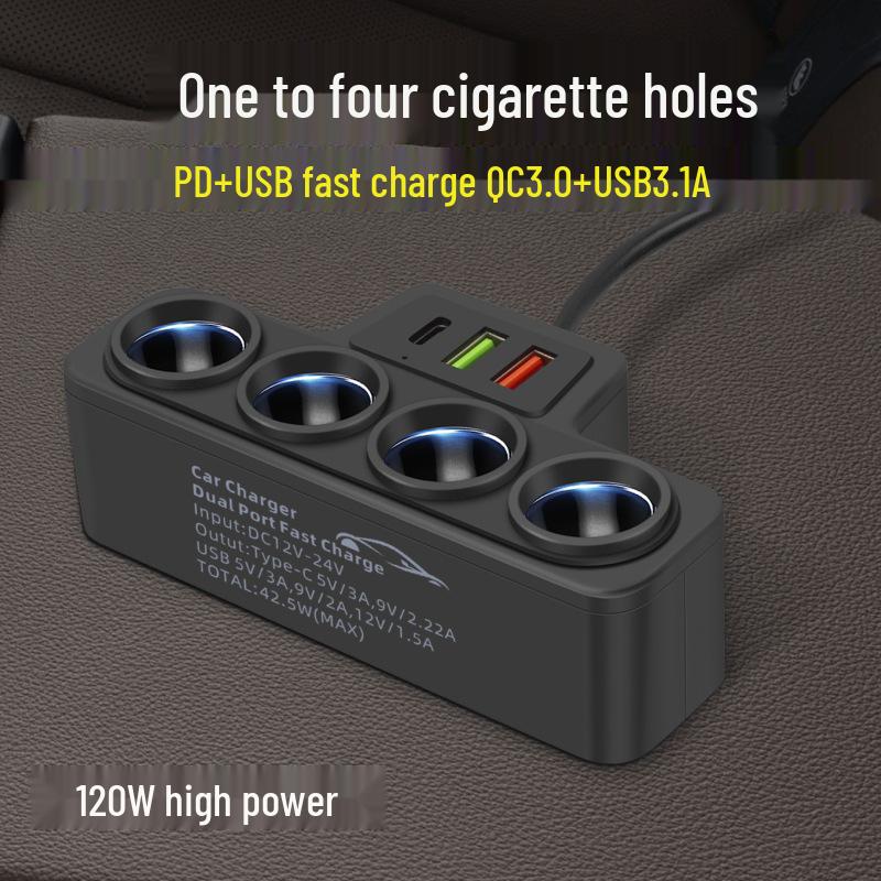 Universal High-Power Car Charger: 1-to-4 Cigarette Lighter, PD+Dual USB, Fast Charging for 12V/24V.