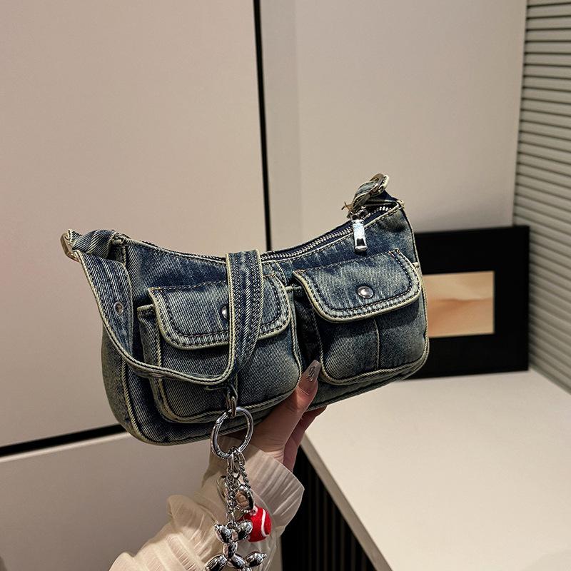 Retro denim portable baguette bag women's 2026 spring new niche simple fashion shoulder messenger bag