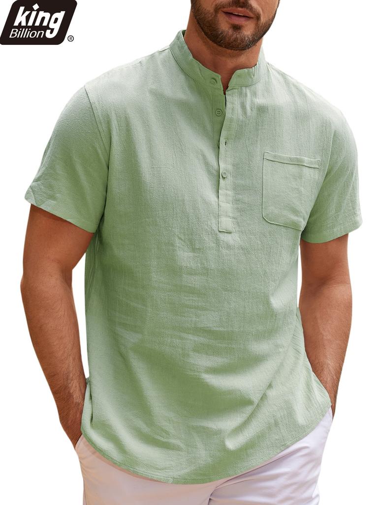 Summer New Men's Lightweight Cotton Linen Short Sleeve Henley Neck T-shirt - Breathable Casual Basic Style Solid Color Tops