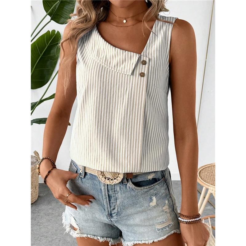 Women Striped Sleeveless Tank Top Asymmetrical Neck Button Decor Casual Summer Blouse