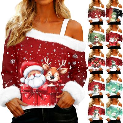 Damen Schulterfreies Plüschkragen Bedrucktes Langarm-Pullover-T-Shirt Top