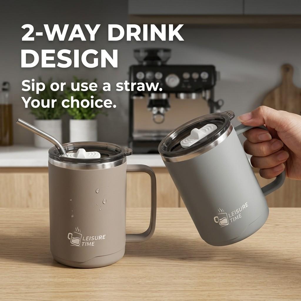 304 Stainless Steel Thermal Coffee Mug Leakproof Insulated Tumbler Dual Drink Cup with Handle Travel Tea Water Bottle Office Hom