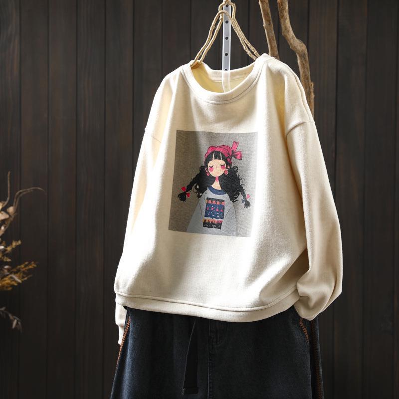 2025 Autumn/Winter Women's Printed Black Thickened Cropped Loose Velvet Pullover