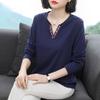 Large Size Women's Embroidered V-neck Long-sleeved T-shirt Women's Summer Middle-aged and Elderly Mothers Bottoming Shirt Top