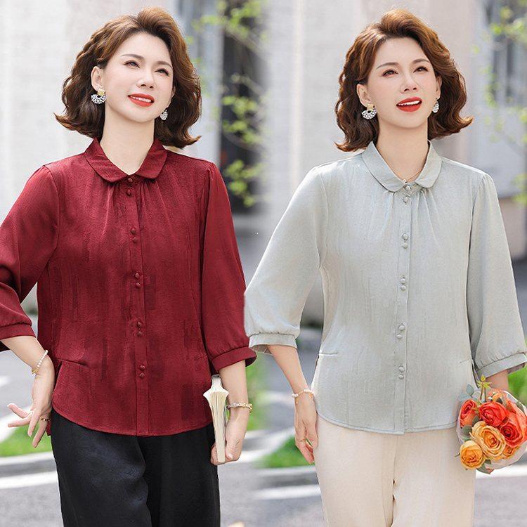 Mom s Stylish Spring Chiffon Top: Floral Print Seven-Sleeve for 50+ Women XL
