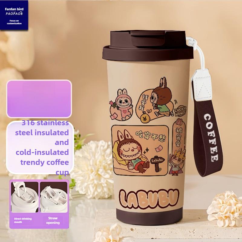 Tecknad Rostfri Stålkopp Högvärdig Termosmugg 3D Dubbel Drickstrå Kaffekopp