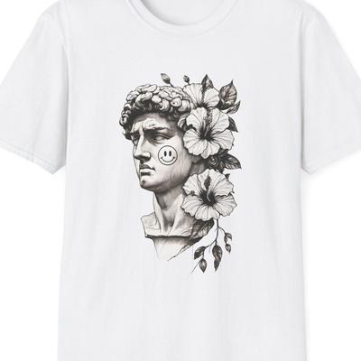 Floral David Statue T-Shirt: Artistic Michelangelo Tee, Gift for Art Lovers