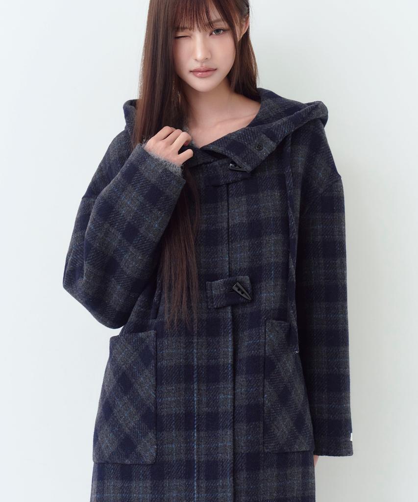 THE GREEN LAB Check Hooded Duffle Long Coat [Navy Check]