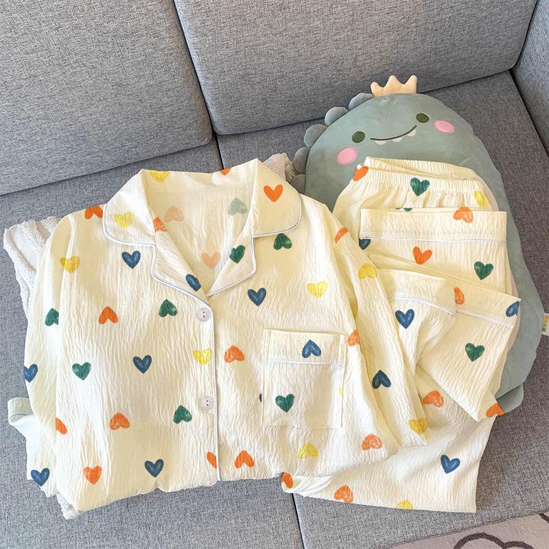 Romantic Colorful Love Heart Print Women's Pajamas Spring New Sweet Lounges Fashion Milk Silk Wrinkled Cloth Sleepwear