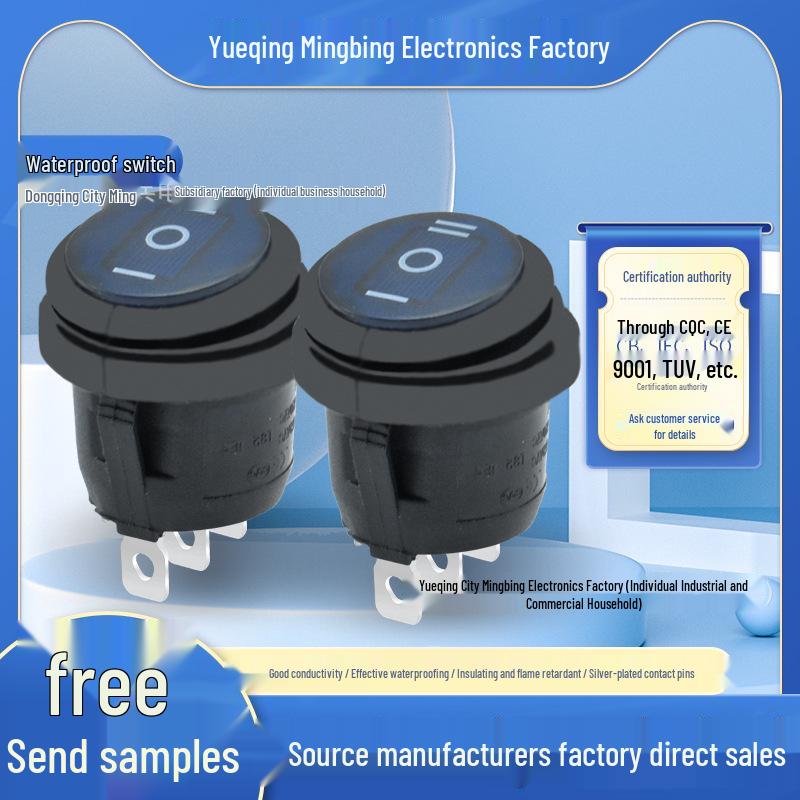 Blue Transparent KCD1 3-Pin Waterproof Round Rocker Switch, 3 Positions, 20mm Mount