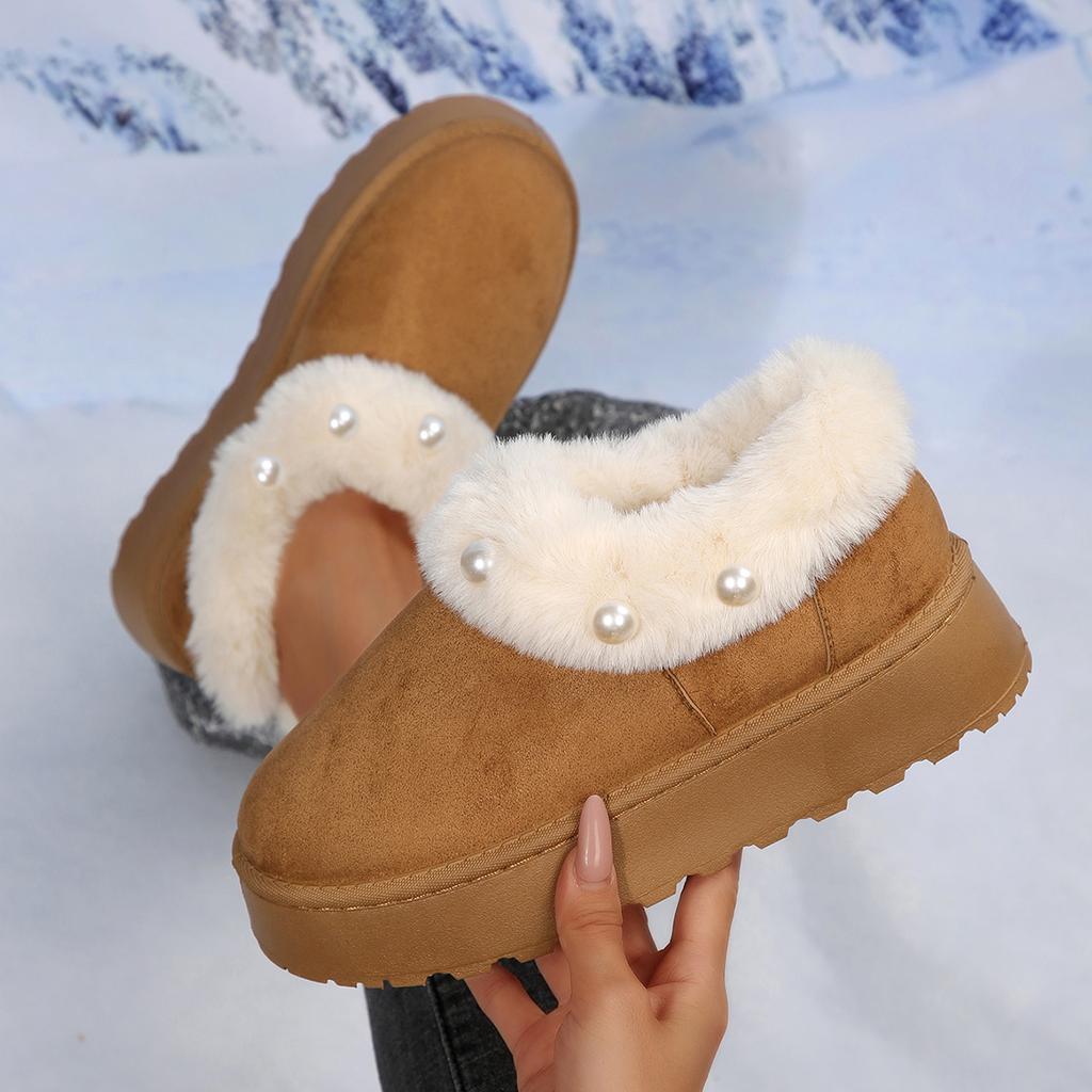 Non Slip Thick Bottom Furry Snow Boots Women 2025 Winter Chunky Platform Wedge Heel Plush Ankle Boots Fluffy Fur Pearl Shoes
