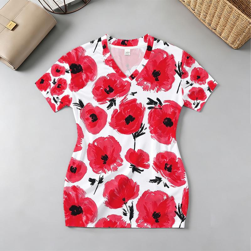 Women's Bodycon Mini Dress V Neck Short Sleeve,Soft Fabric,Poppy Print,Elegant Casual Ideal for Daily Wear,Vacation,Home & Outings