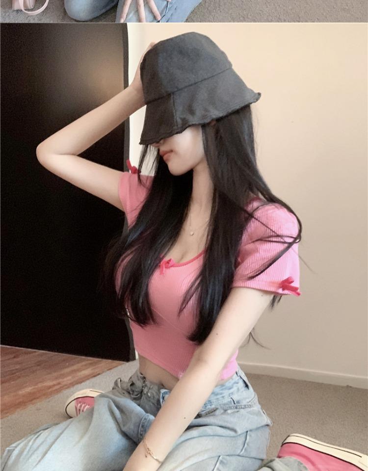 Sexy Bowknot U-Neck Clavicle T-Shirt: Women's Summer Short-Sleeve Low-Cut Tight Top