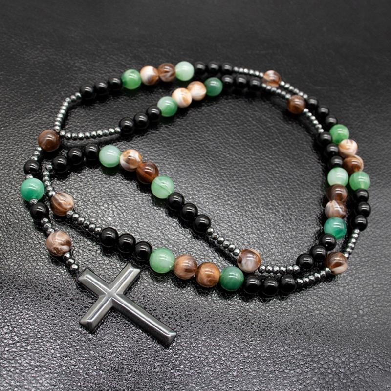 Handcrafted Crosses Pendant Jewelry Brown Tigers Eye Stones Unisex Daily Wear Mens Jewelry with Silver Spacers