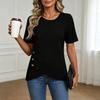 Women Short Sleeve Ribbed Knit Top Button Detail Round Neck Asymmetric Hem Casual Blouse Lightweight Soft Fabric