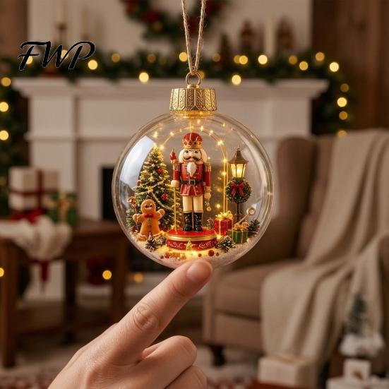Christmas Theme Hanging Charms Tree Crystal Ball Pendant with LED Light, Built-in Christmas-themed Durable Acrylic Holiday Pendants Pattern