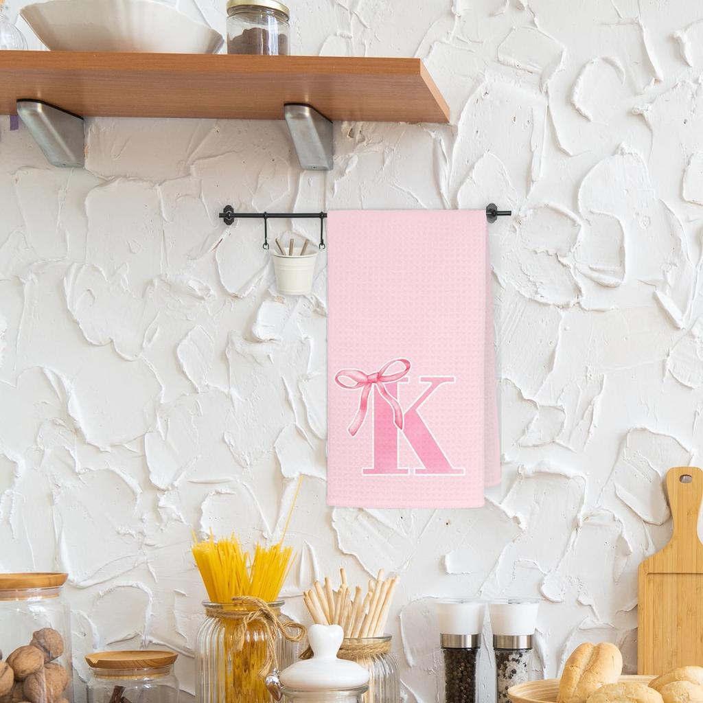 Coquette Pink Bows Personalized Kitchen Towels, Initial K Letter Decor, Pink Monogrammed Hand Towels for Bathroom, Sweet Dish Towels for Kitchen