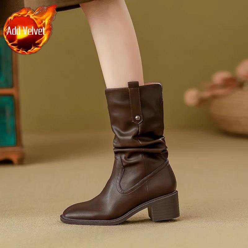 

Модные женские кожаные полусапоги до середины икры с круглым носком, на флисовой подкладке, на среднем каблуке, новинка моды 2025, водонепроницаемые Y2k ботинки 40