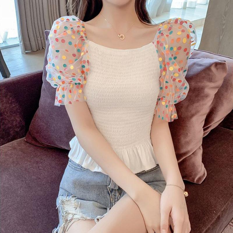Polka Dot Puff Sleeve Women Blouse Elastic Waist Slim Cropped Top Square Neck Short Sleeve Sweet Fairy Style Office Lady Summer