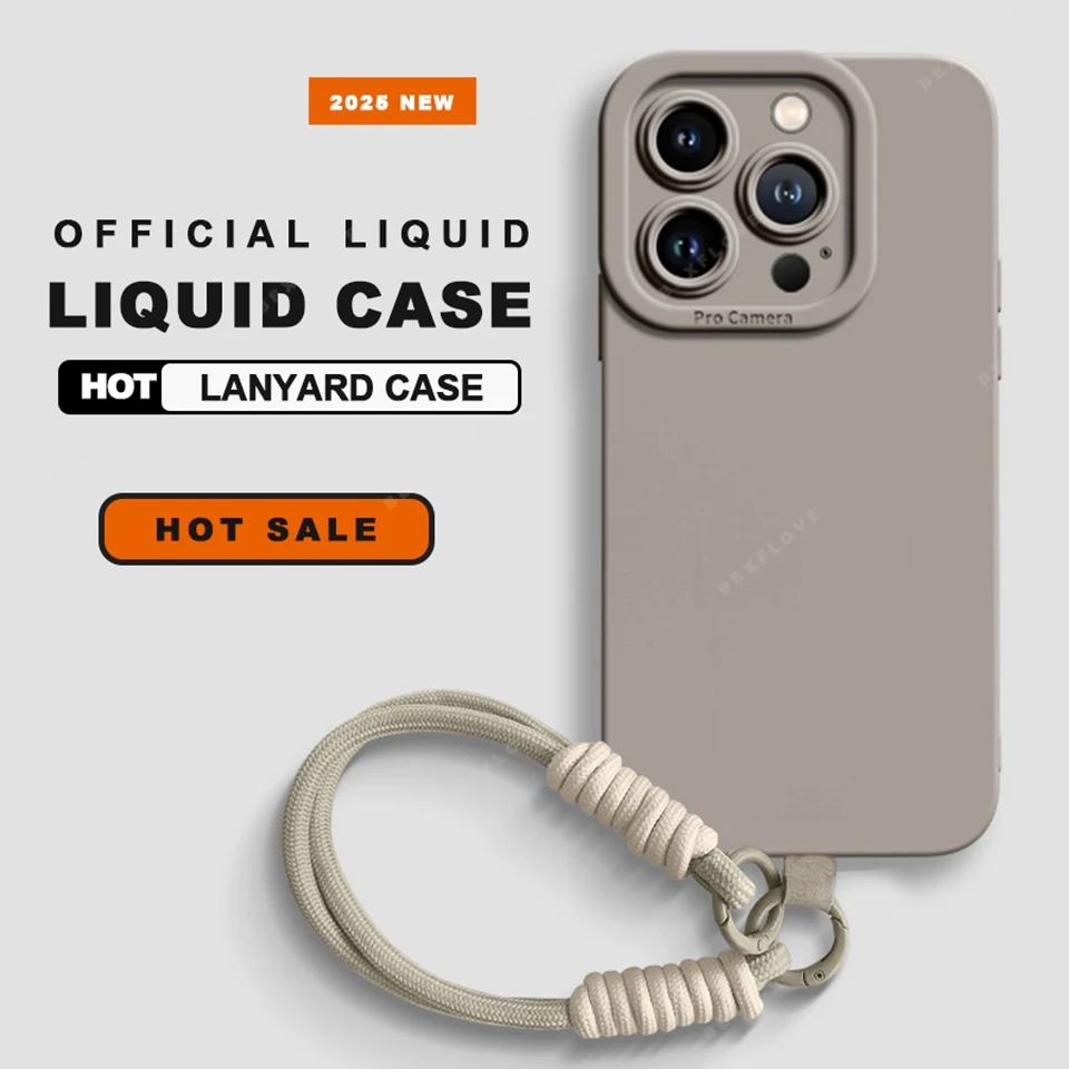 Lanyard Phone Case For iPhone 16E 16 14 15 Plus 12 13 Mini 11 16 Pro X XR XS Max SE Liquid Silicone Strap Protector Soft Cover