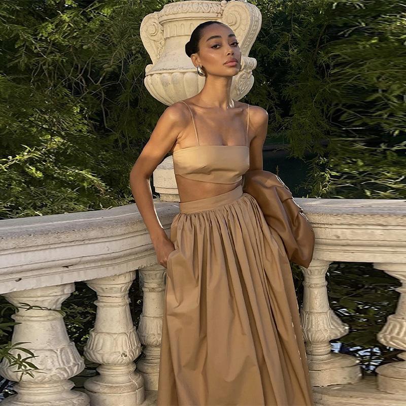 Women Elegant Cotton Camisole Top Casual Skirt Suit 2025 Spring and Summer Fashion Solid Color Sexy Wrapped Vest Long Skirt Set