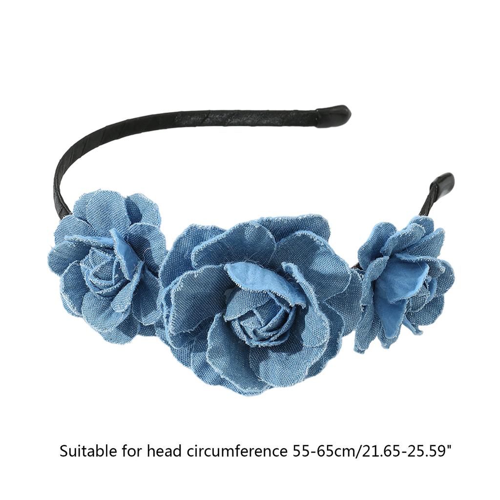 Blue Cloth Headband for Woman with Rose Shape Washed-Denim Headbands Non-slip Headbands Sweet Hairbands Yoga Supplies