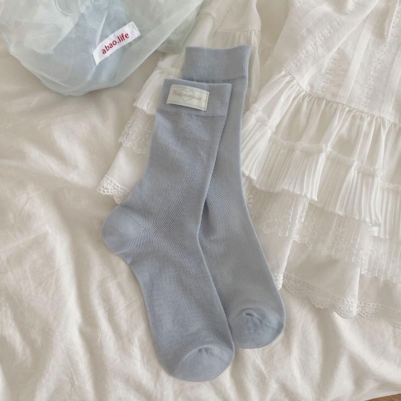 

Бесшовные сетчатые носки-гольфы для девочек ~ Контрастная полоска в форме сердца, мультяшный тканевый логотип с буквой, бантик, милые носки до середины икры 1 pair