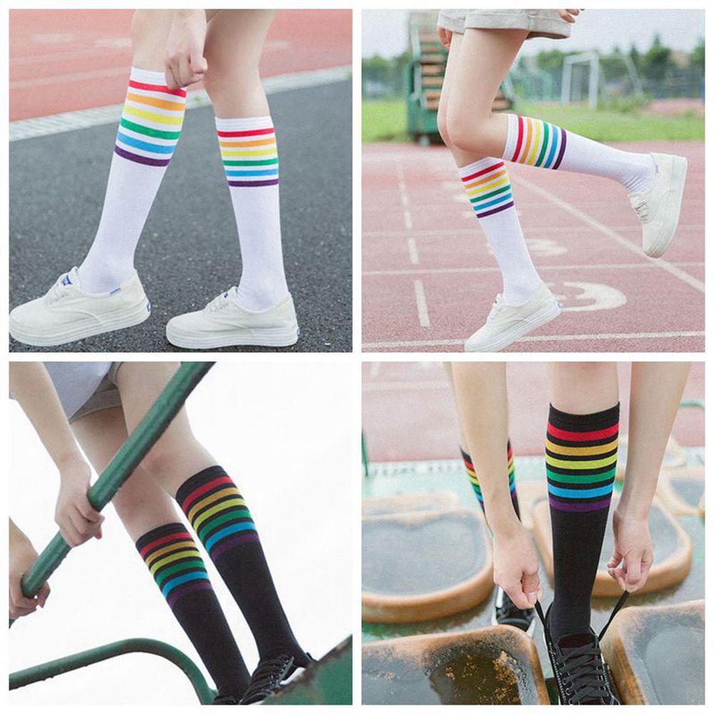 

Women Thigh High Cotton Football Socks Rainbow Stripe Long Hosiery Stocking
