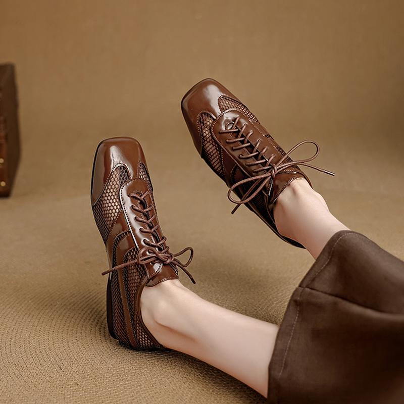 Fashion 2025 New Autumn Genuine Leather Woman Shoes Square Toe Women Flats Lace Up Loafers Flat with Flat Ladies Shoes