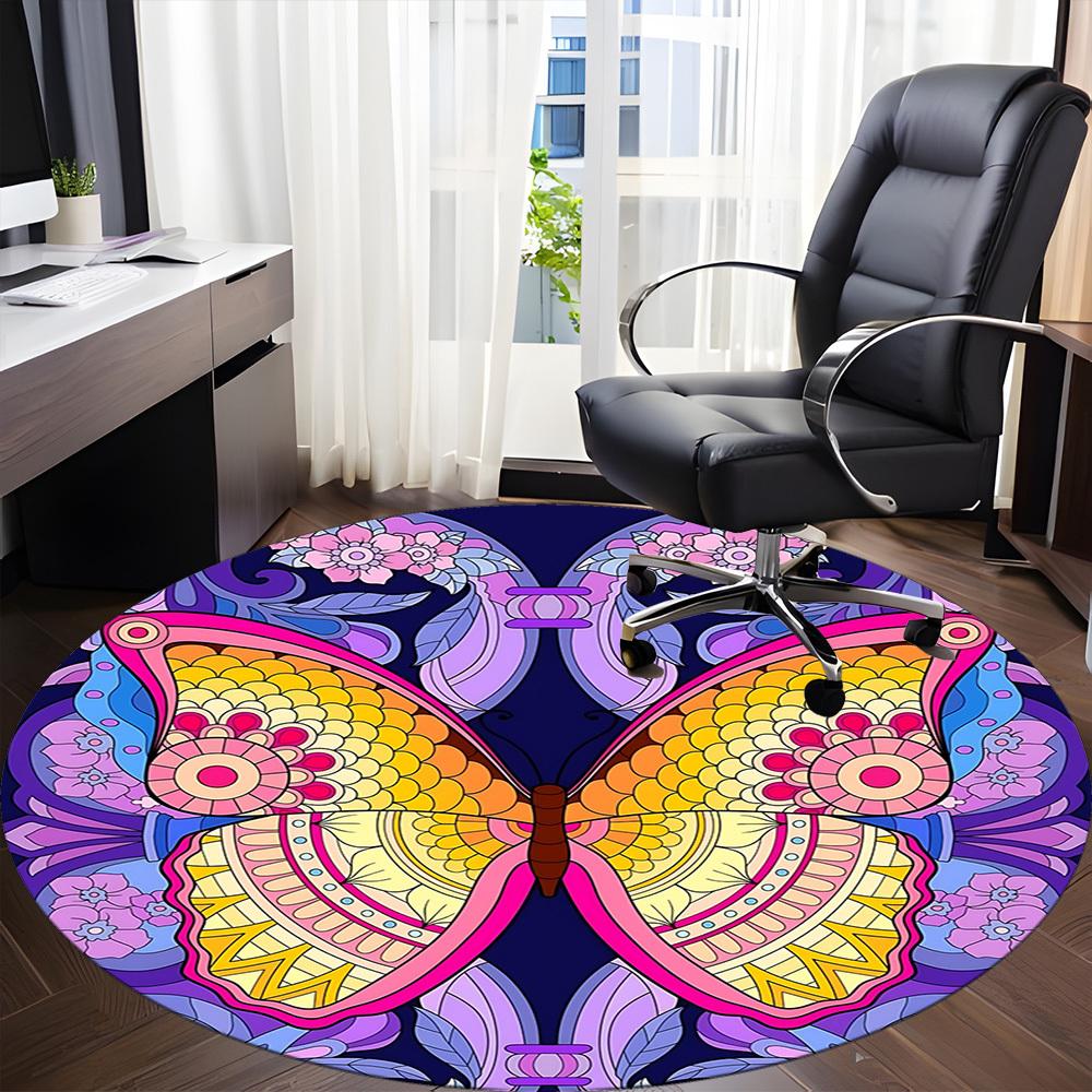 1PC Butterfly Mandala Office Round Rug, Non Slip, Soft and Durable Office Rug for Interior Decoration, Perfect for Office
