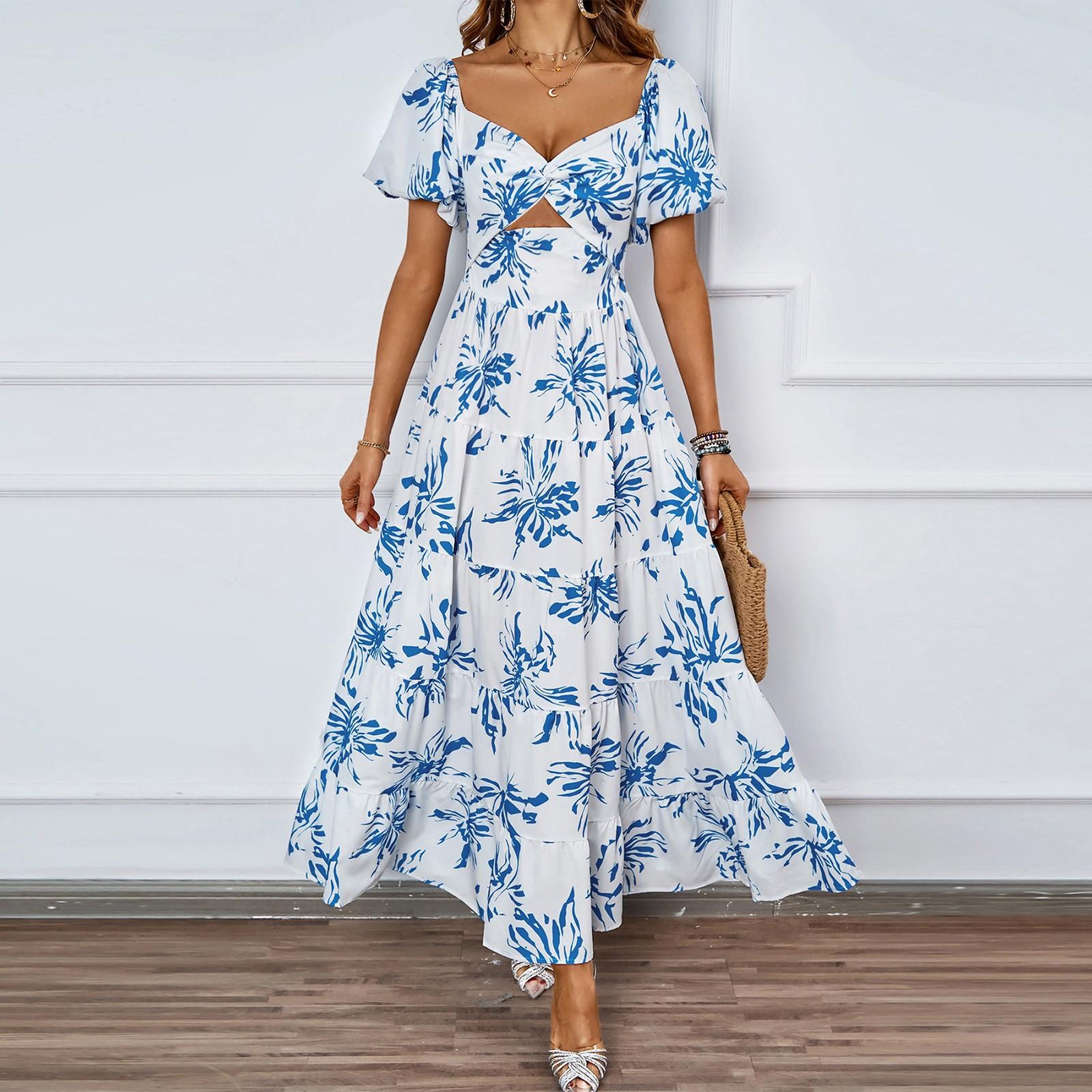 Women s Fashionable V Neck Floral Print Hollowed  Bubble Short Sleeved Dress With Temperament S