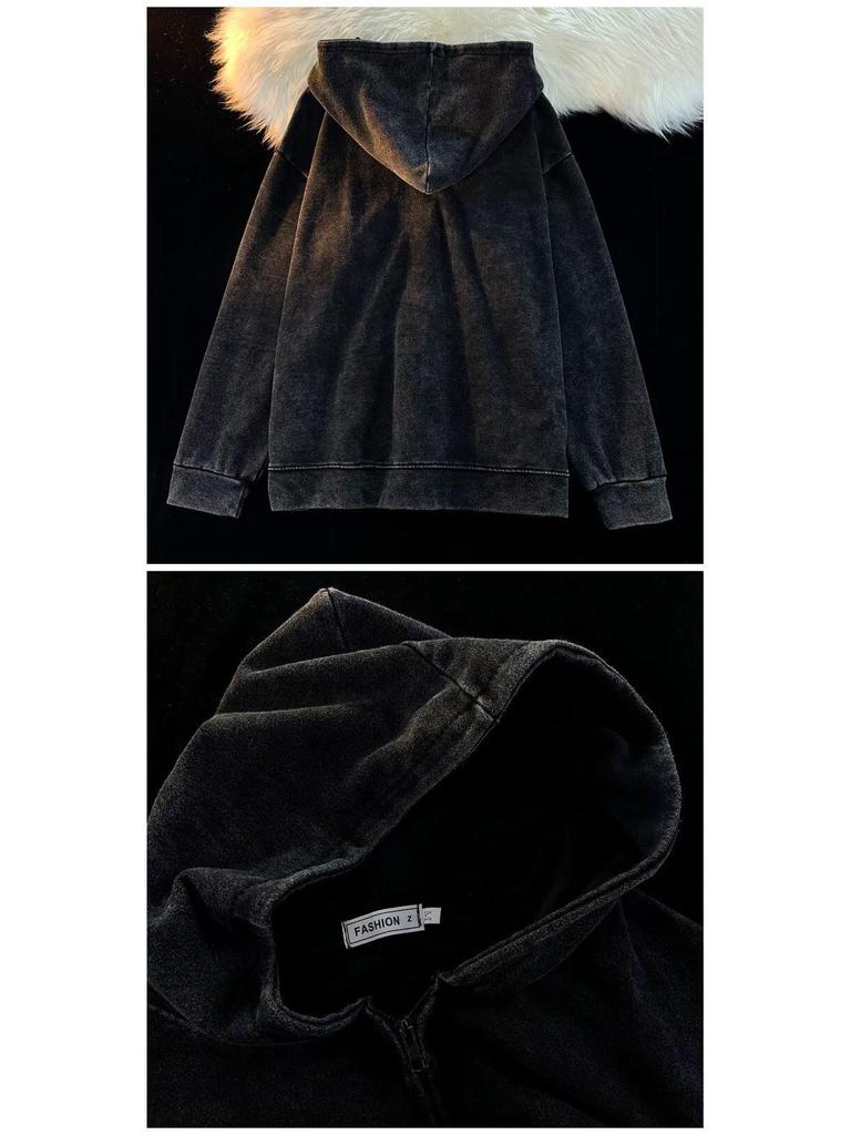 Men's Retro Oversized Distressed Hooded Sweatshirt Jacket - Spring/Autumn Loose Fit Zipper Cardigan