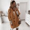 Winter Thermal Overcoat Women Double Breasted Thickened Loose Fit Coat Turn Down Collar Solid Color Pockets Three Quarter Sleeve Commuting Dating