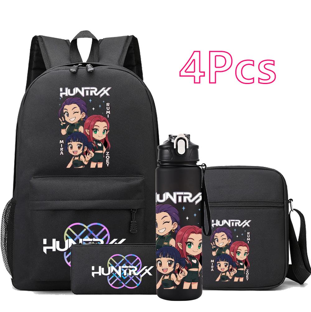 4Pcs/set Anime Cartoon K-Pop Printed Backpack with 750Ml Water Bottler for Teenager Student Girl Boy Bookbag Kid Gift Large Capacity Travel Bag