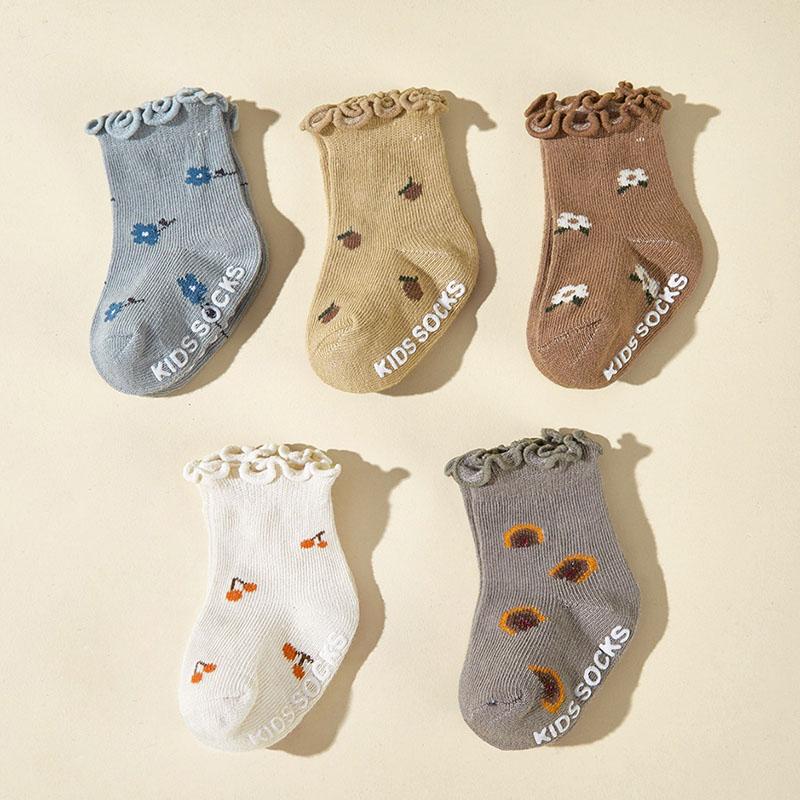 

5 Pairs a Lot Flower Baby Socks Cute Cherry Printed Kids Girls Floor Socks Toddler Anti Slip Adhesive Socks 0-6M